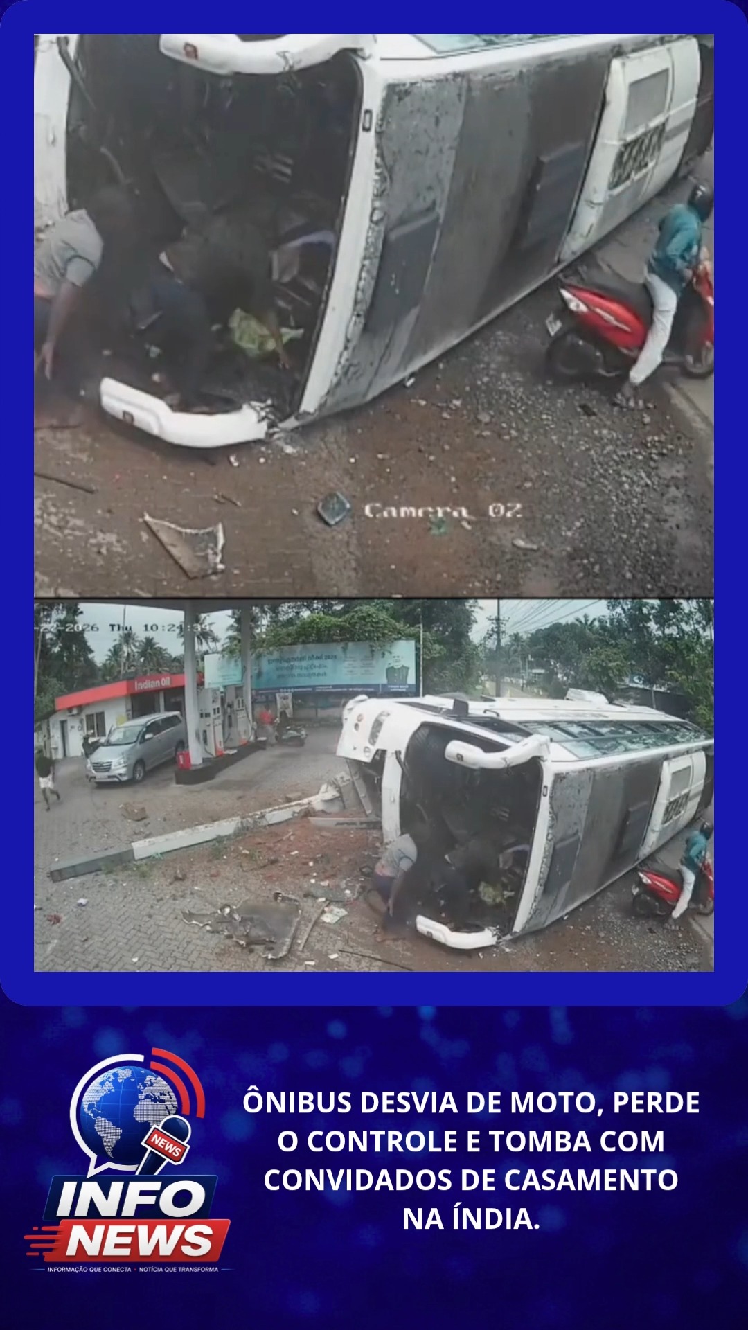 ÔNIBUS DESVIA DE MOTO, PERDE O CONTROLE E TOMBA COM CONVIDADOS DE CASAMENTO NA ÍNDIA